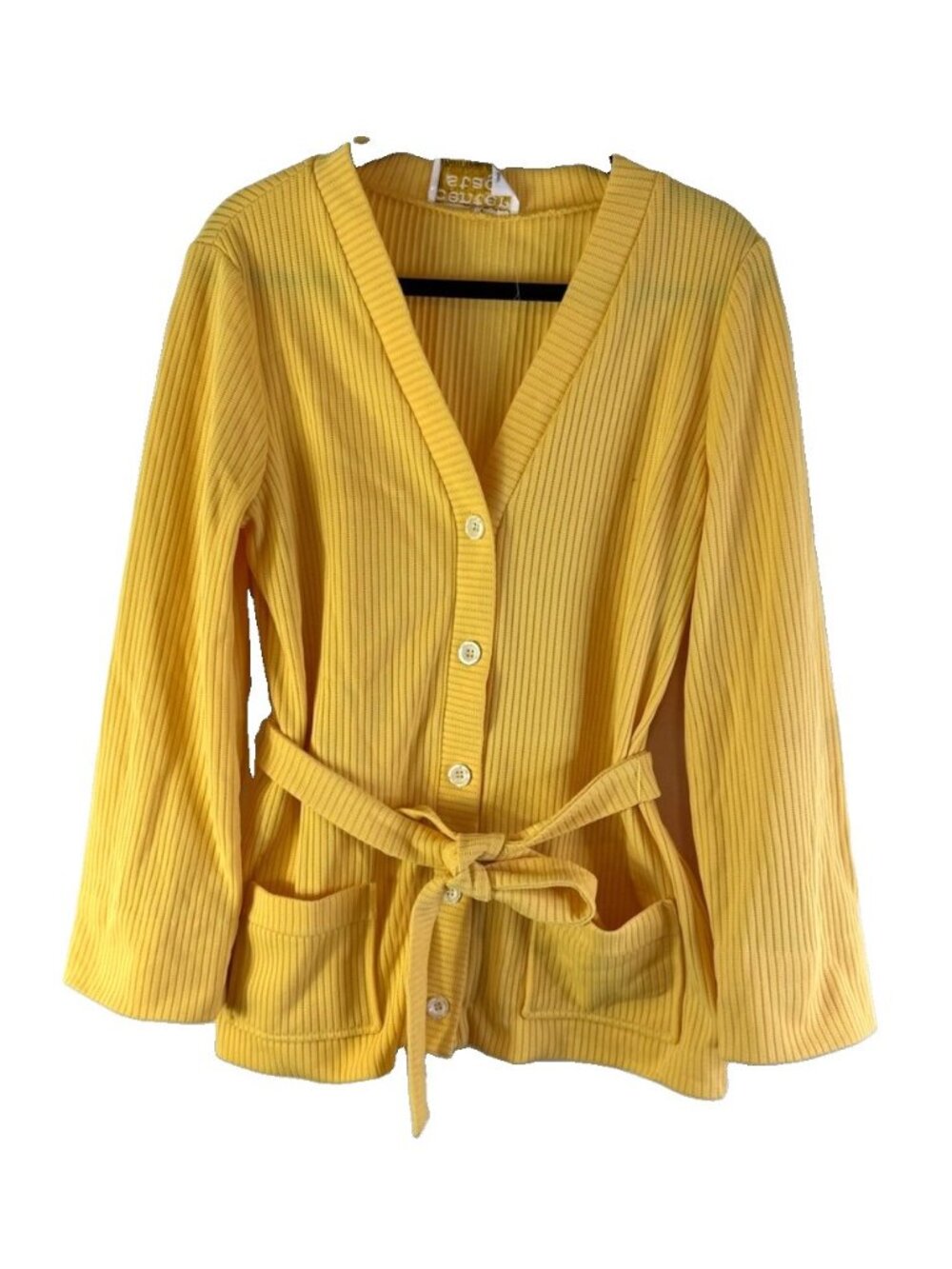 Vintage 70s Cardigan Sweater Ribbed Yellow Belt Wrap Retro